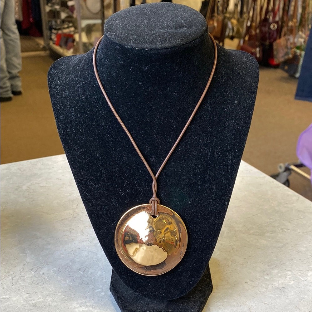 Gold Pendant Necklace with Brown Cord